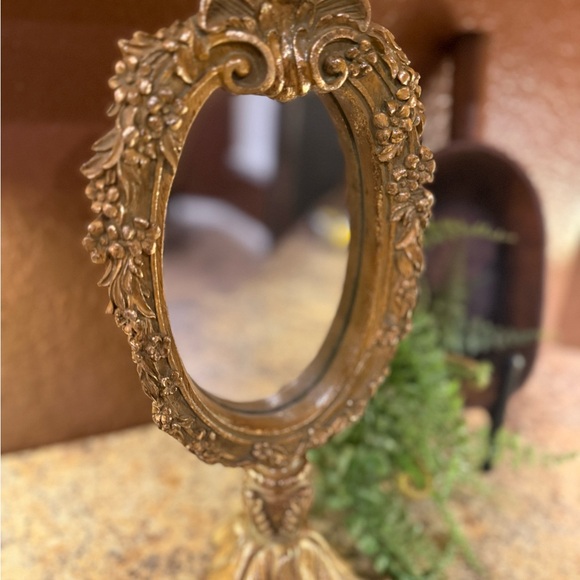 Vintage Gold Baroque Resin Floral Pattern Standing Table Mirror 14 Inches Tall - Picture 2 of 11